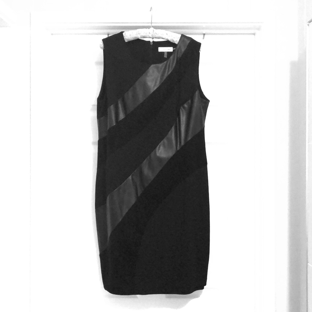 Black sleeveless sheath with faux leather/suede